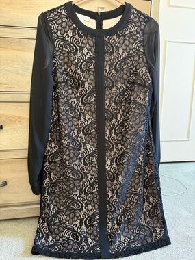 London Times Black Lace Overlay Long Sleeve Sheath Dress